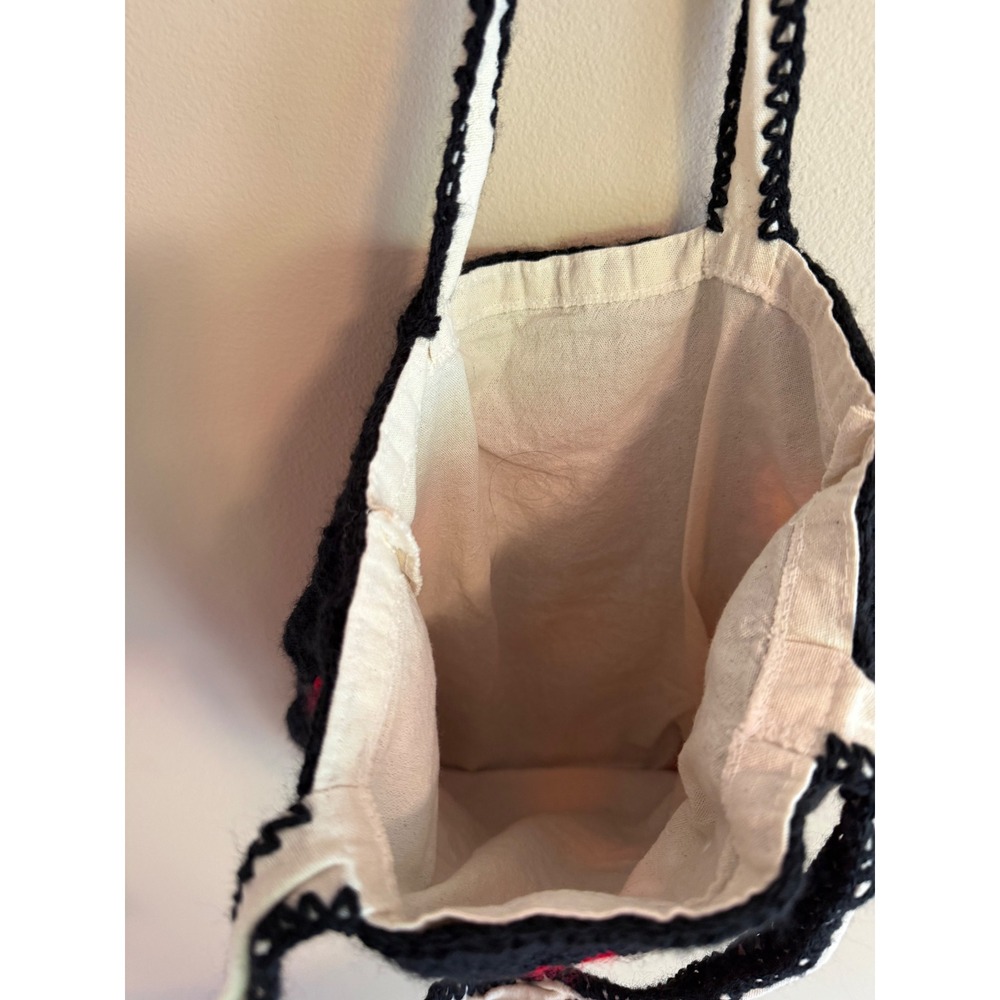 Handmade Crochet Square Tote Bag Black Red Floral Boho Lined Shoulder Bag - Picture 6 of 6